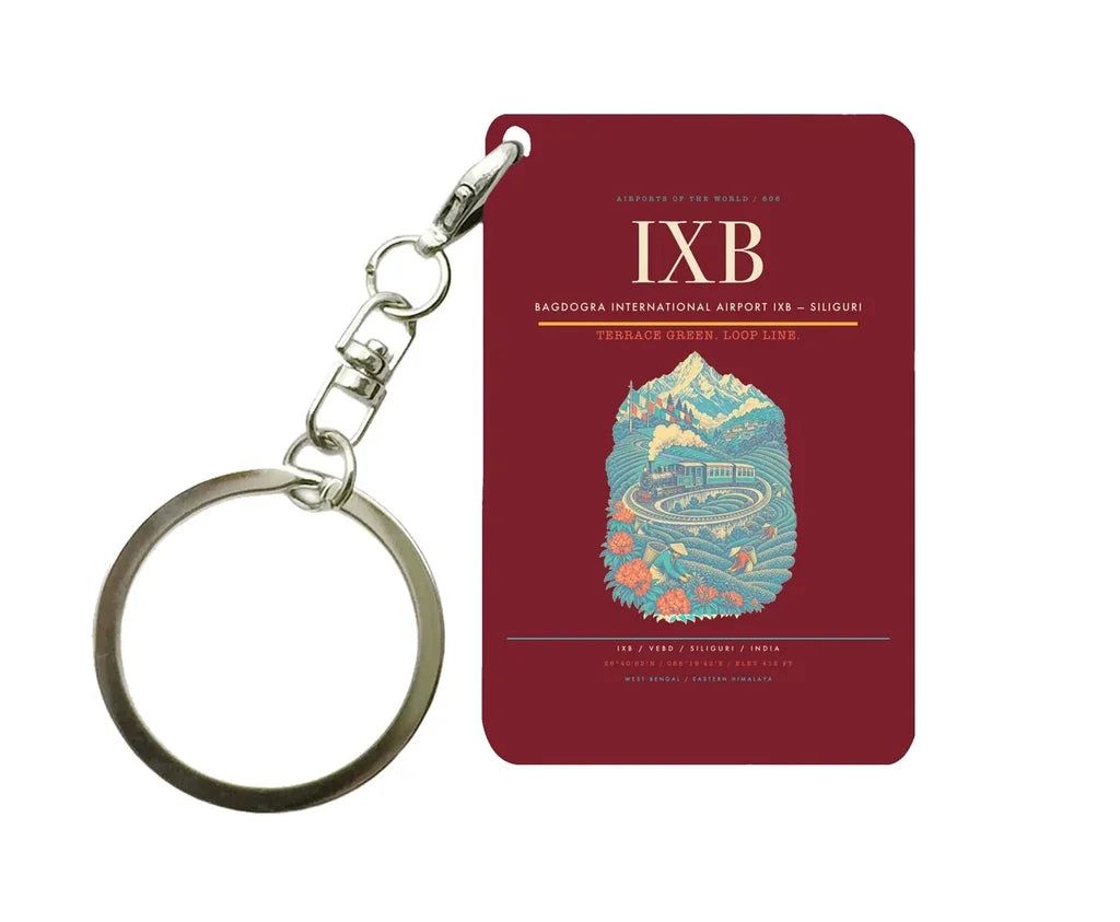 Bagdogra International Airport IXB — Siliguri Key Chain design on dark red key chain