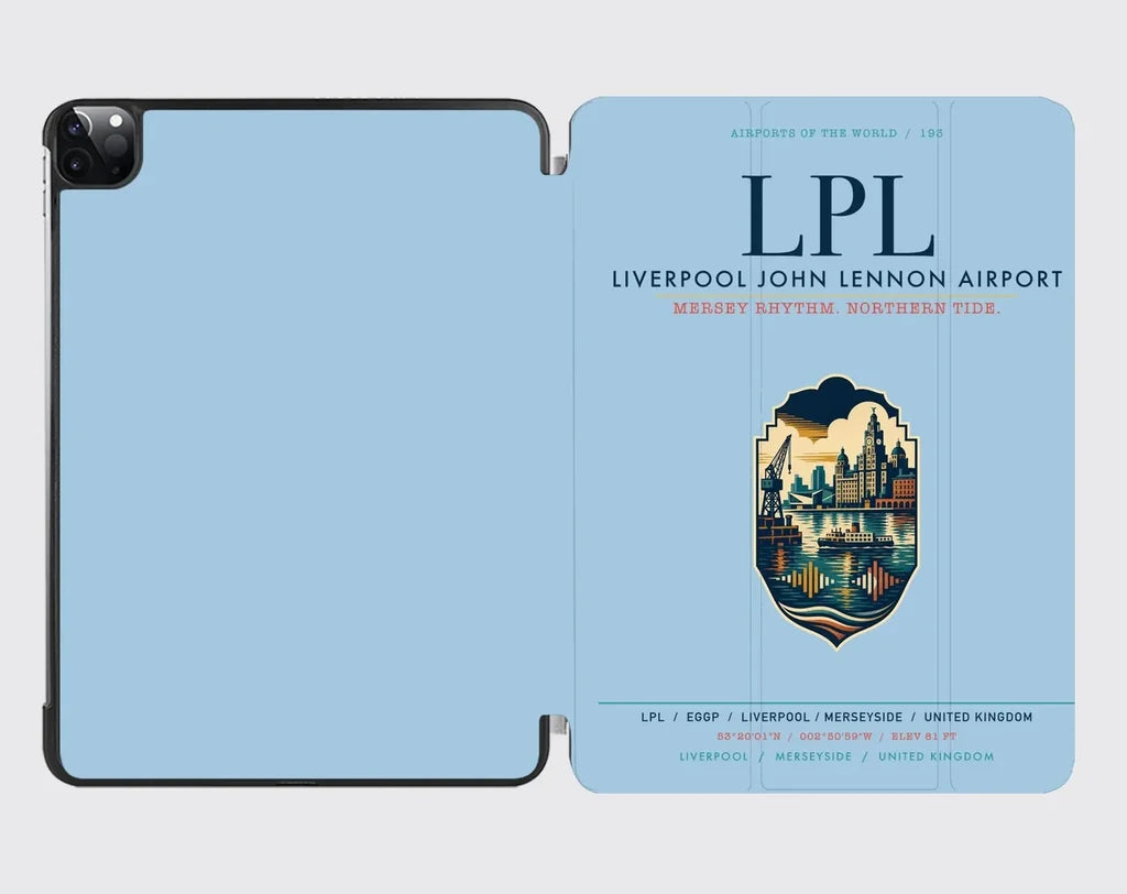 Liverpool John Lennon Airport (LPL) design on light blue ipad tablet case