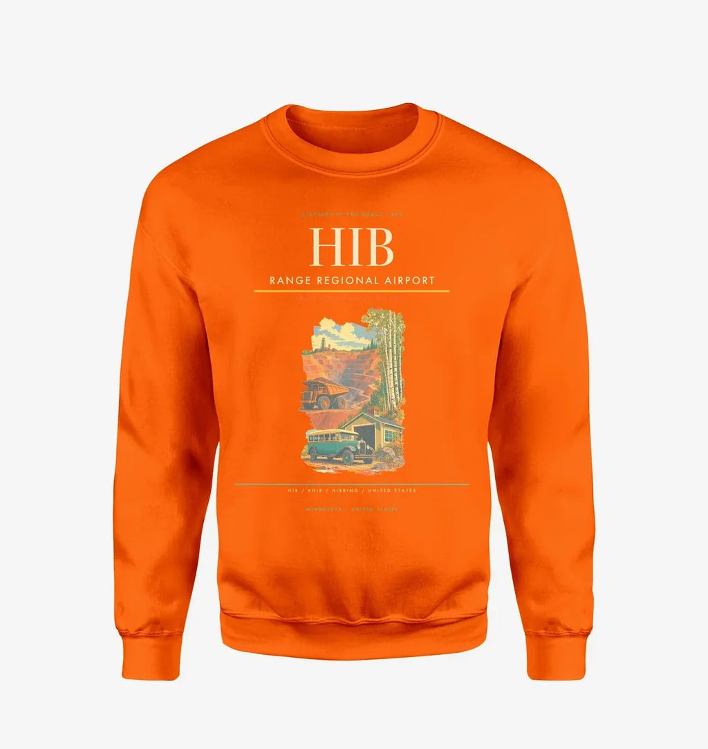 Range Regional Airport (HIB) design on orange sweatshirt