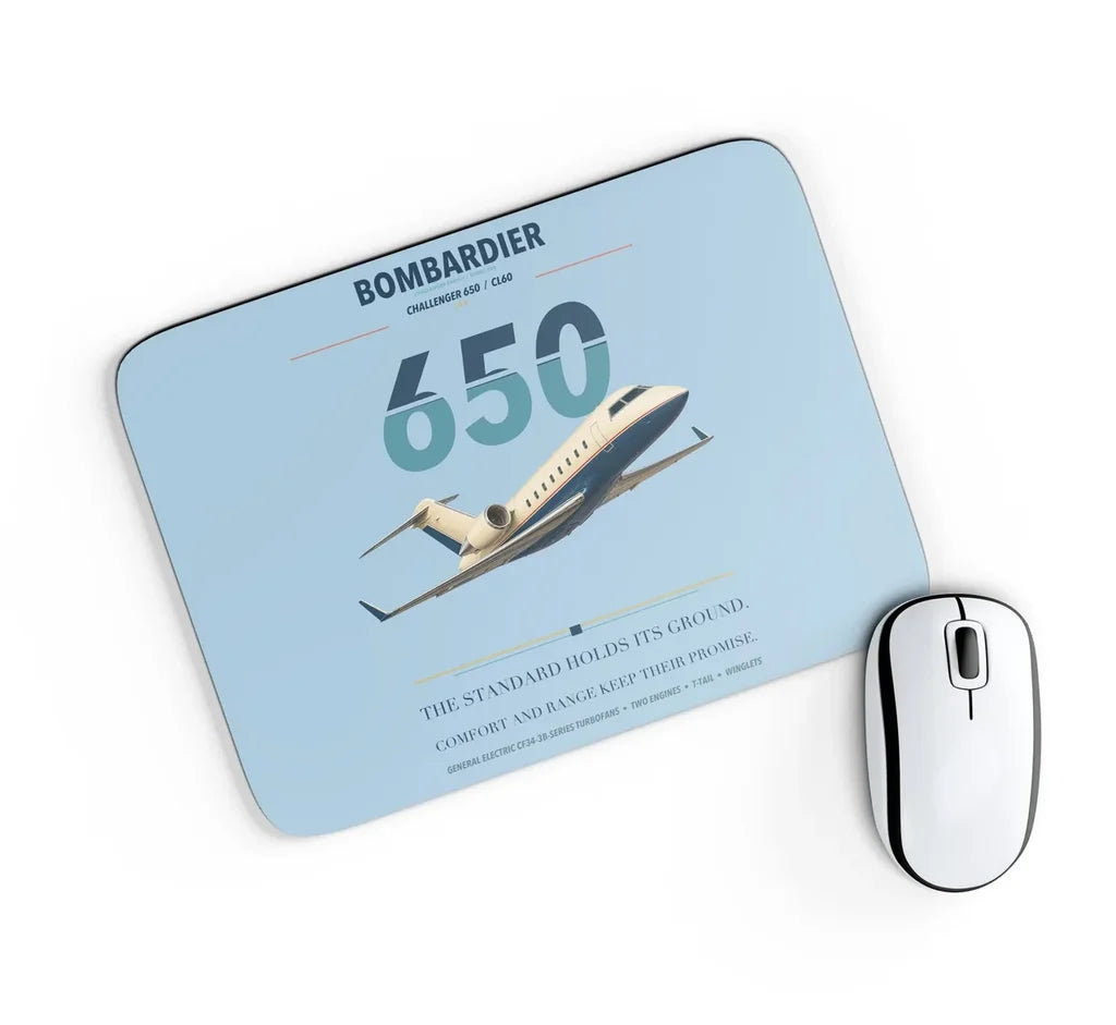 Bombardier Challenger 650 design on light blue rectangle mouse pad