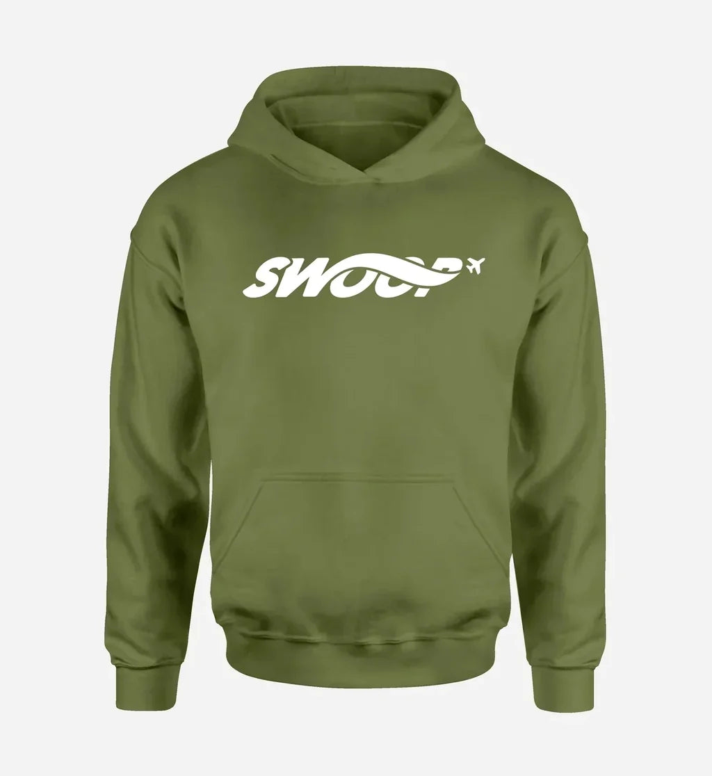 Swoop Airlines logo printed on green army hoodie