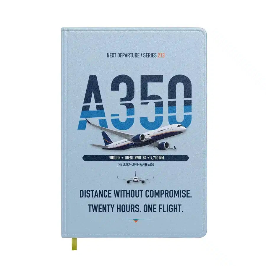 Airbus A350-900ULR design on light blue notebook