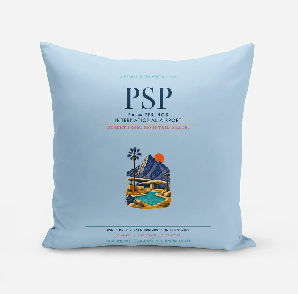 Palm Springs International Airport (PSP) design on light blue pillow