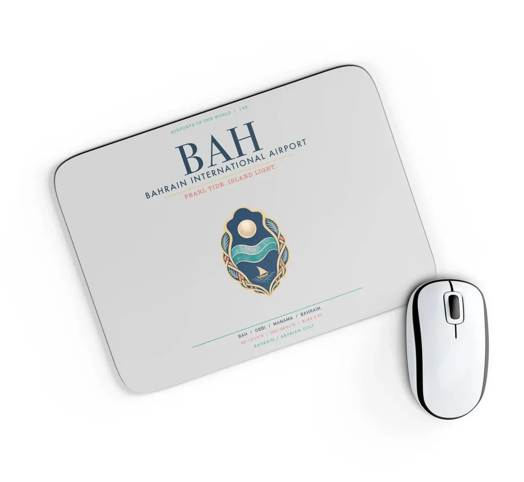 Bahrain International Airport (BAH) design on light gray rectangle mouse pad