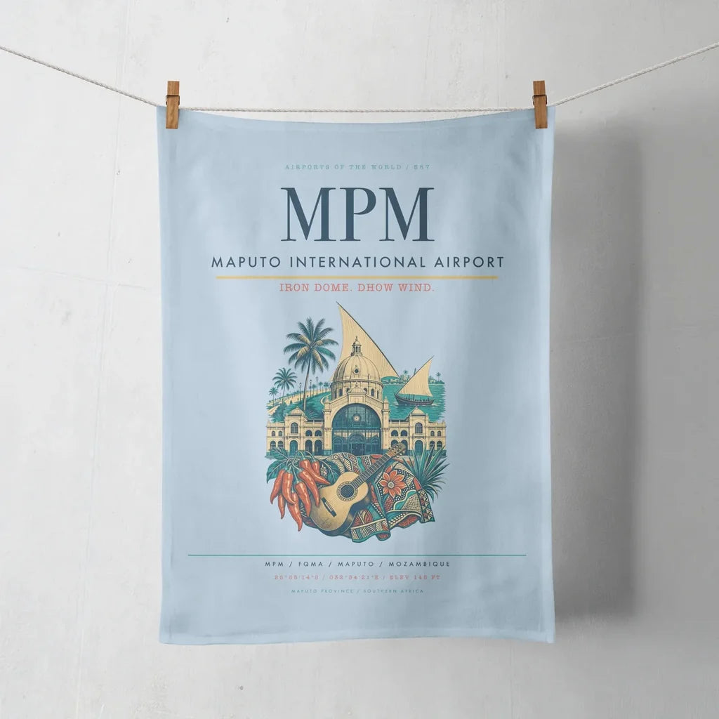 Maputo International Airport (MPM) design on light blue towel