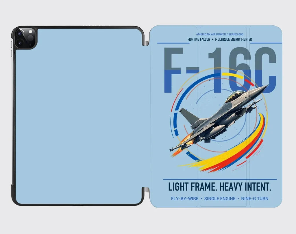 F-16C Fighting Falcon design on light blue ipad tablet case