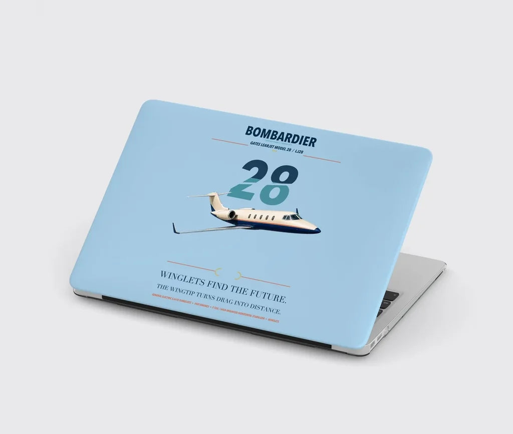 Bombardier Learjet 28 design on light blue MacBook case