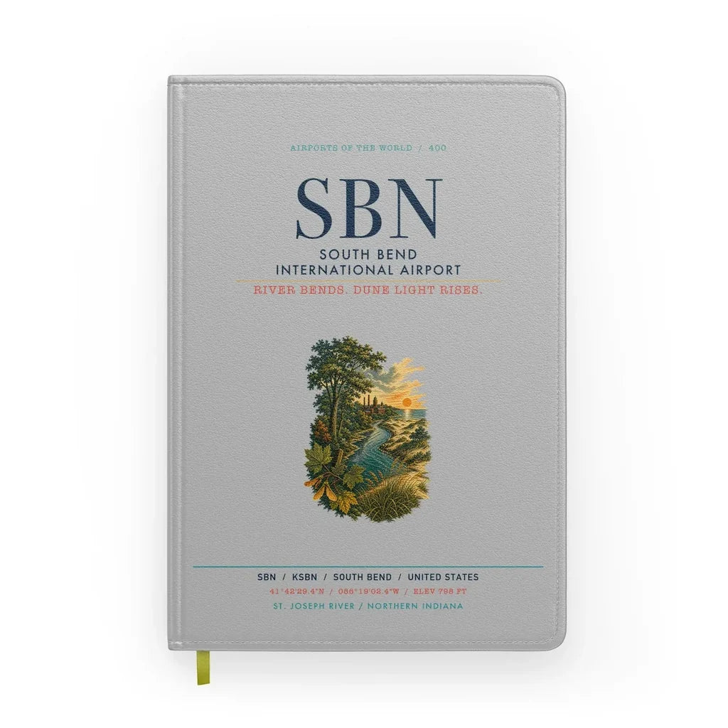 South Bend International Airport (SBN) design on light gray notebook