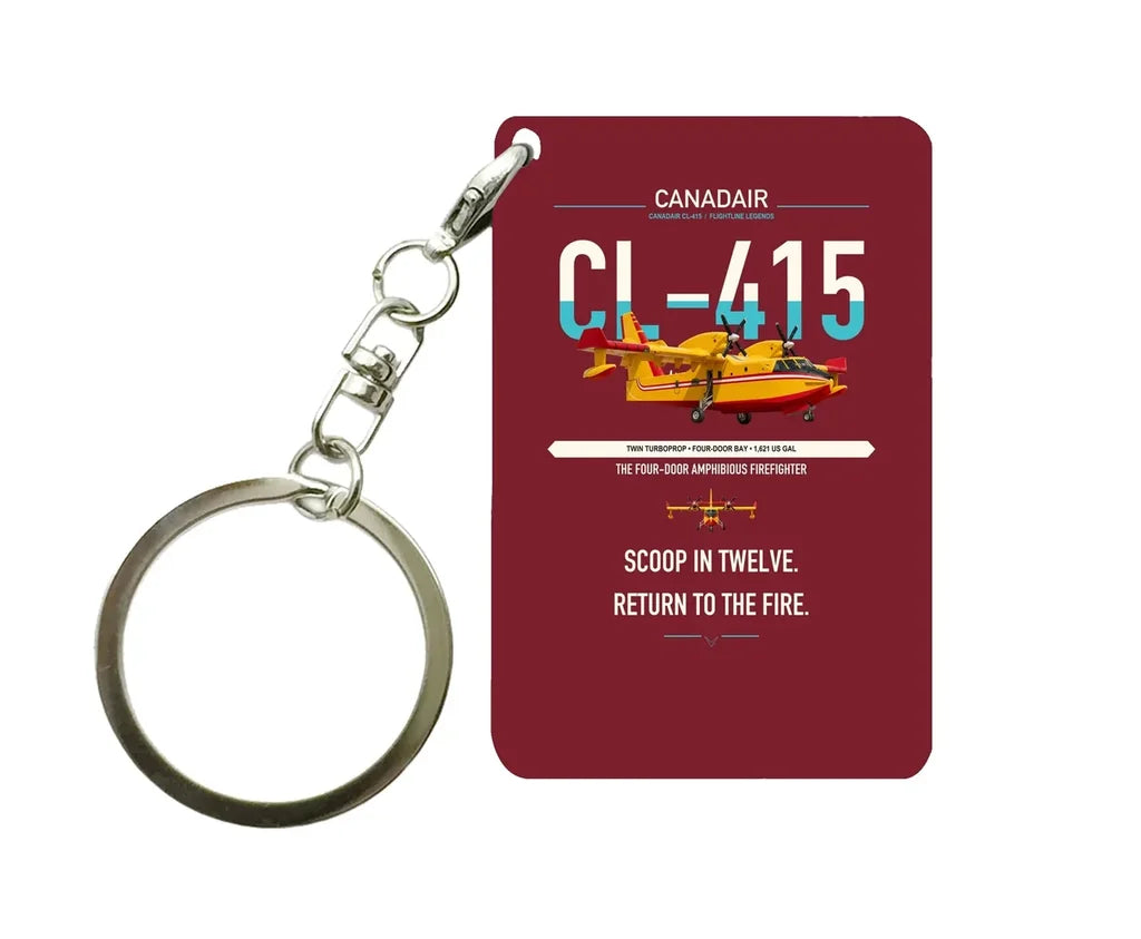 Canadair CL-415 design on dark red designed key chain, double-side print