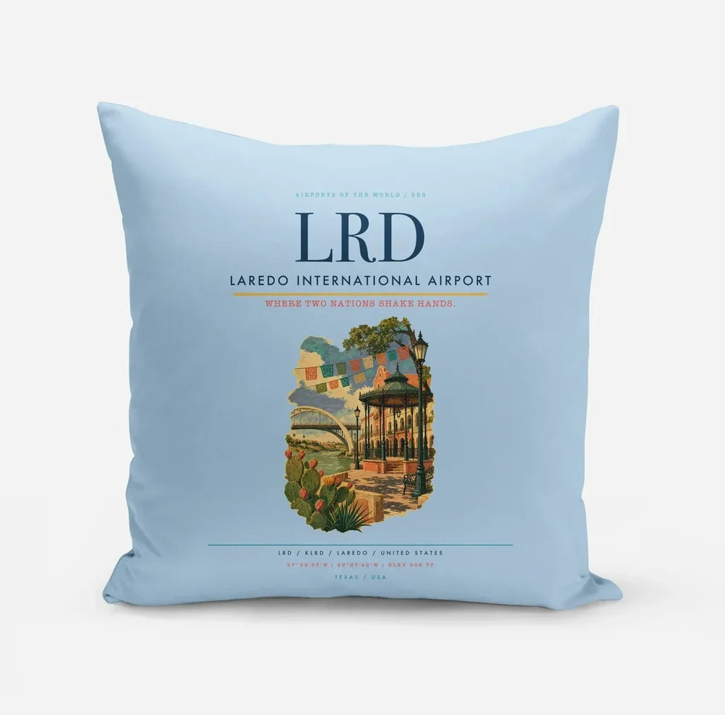 Laredo International Airport (LRD) design on light blue pillow