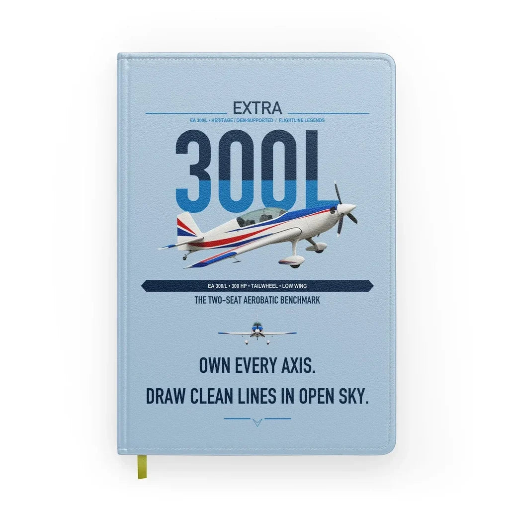 Extra 300L design on light blue notebook