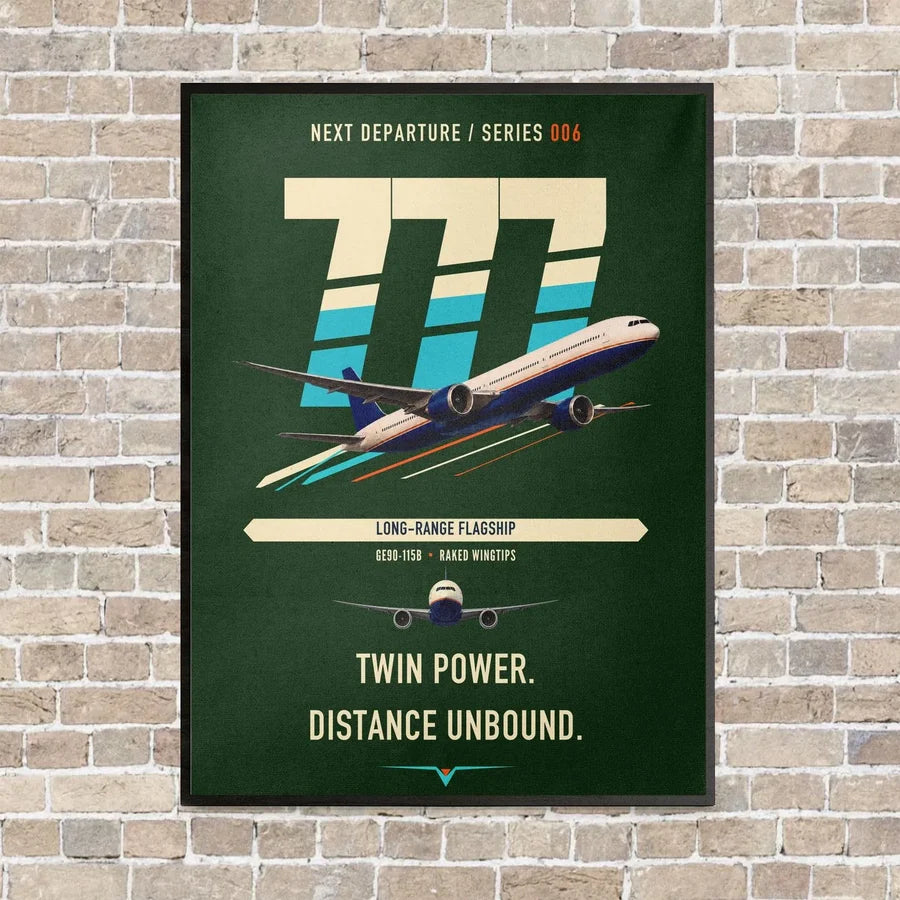 Boeing 777-300ER vertical canvas print - framed - dark green background