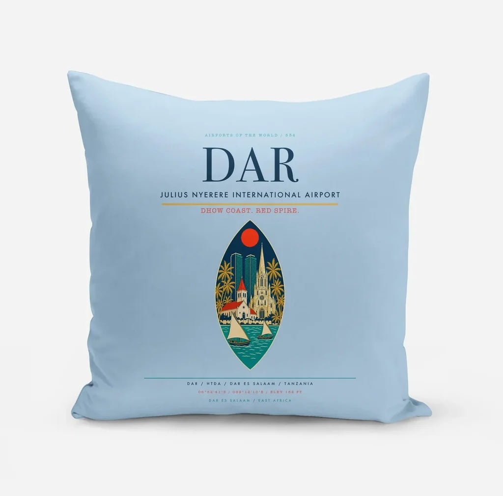 Julius Nyerere International Airport (DAR) design on light blue pillow