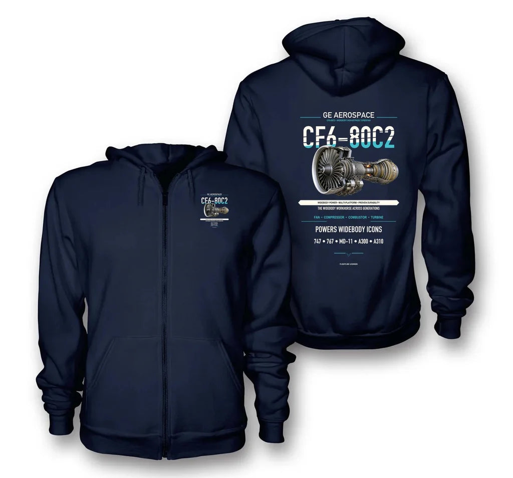 CF6-80C2 design on navy blue zipped hoodie