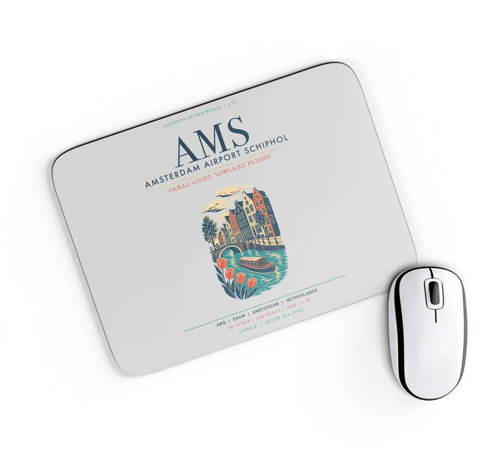 Amsterdam Airport Schiphol (AMS) design on light gray rectangle mouse pad