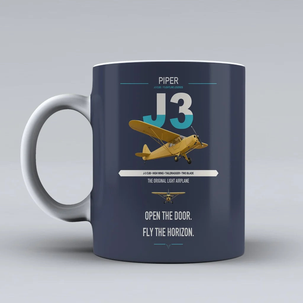 Piper J-3 Cub design on dark blue ceramic mug, double-side print