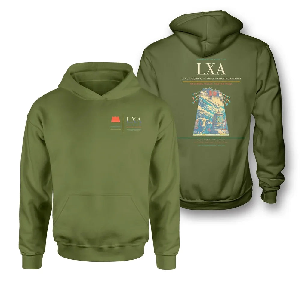Lhasa Gonggar International Airport (LXA) design on green army double-side hoodie