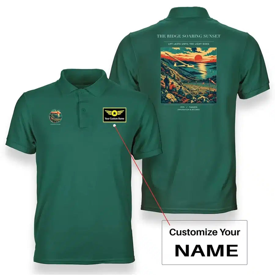 VINTAGE G4475 - The Ridge Soaring Sunset - Double-Side Polo T-Shirt design on green+name