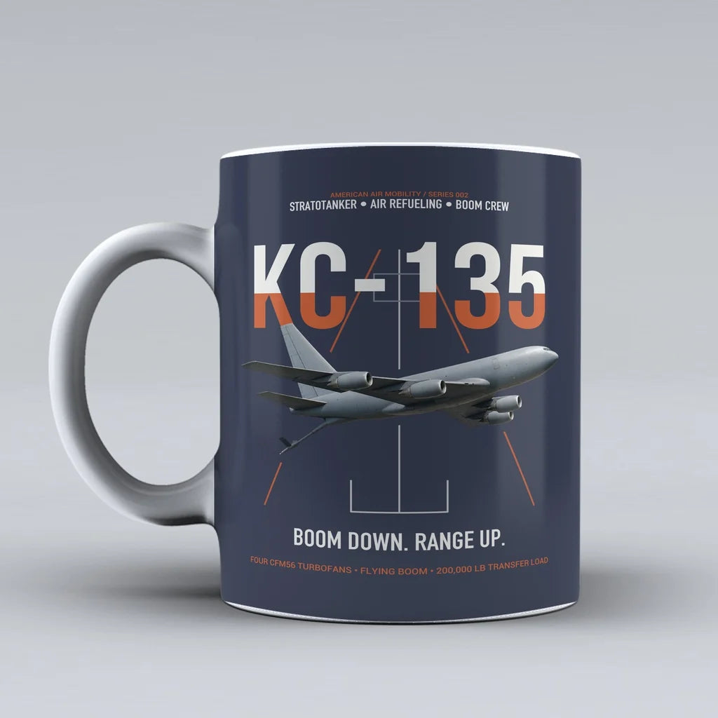 KC-135 STRATOTANKER design on dark blue ceramic mug, double-side print