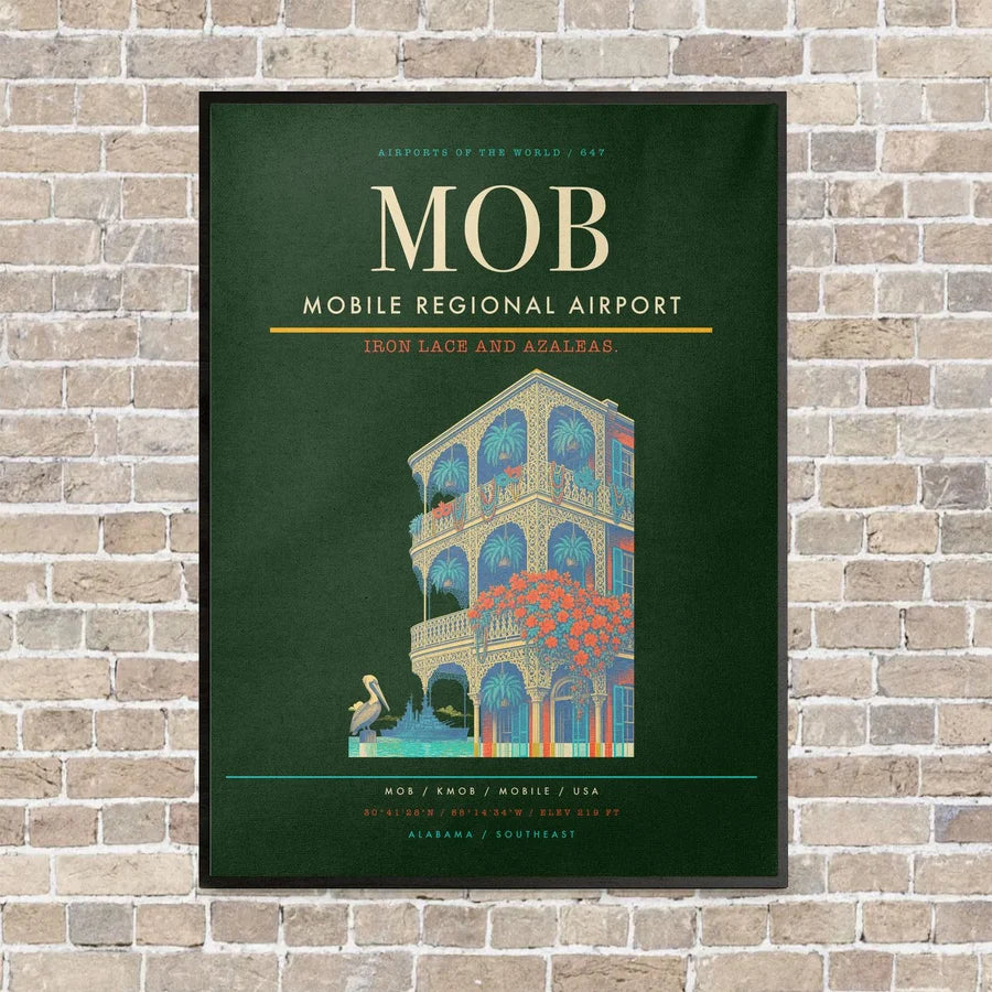Mobile Regional Airport MOB vertical canvas print - framed - dark green background