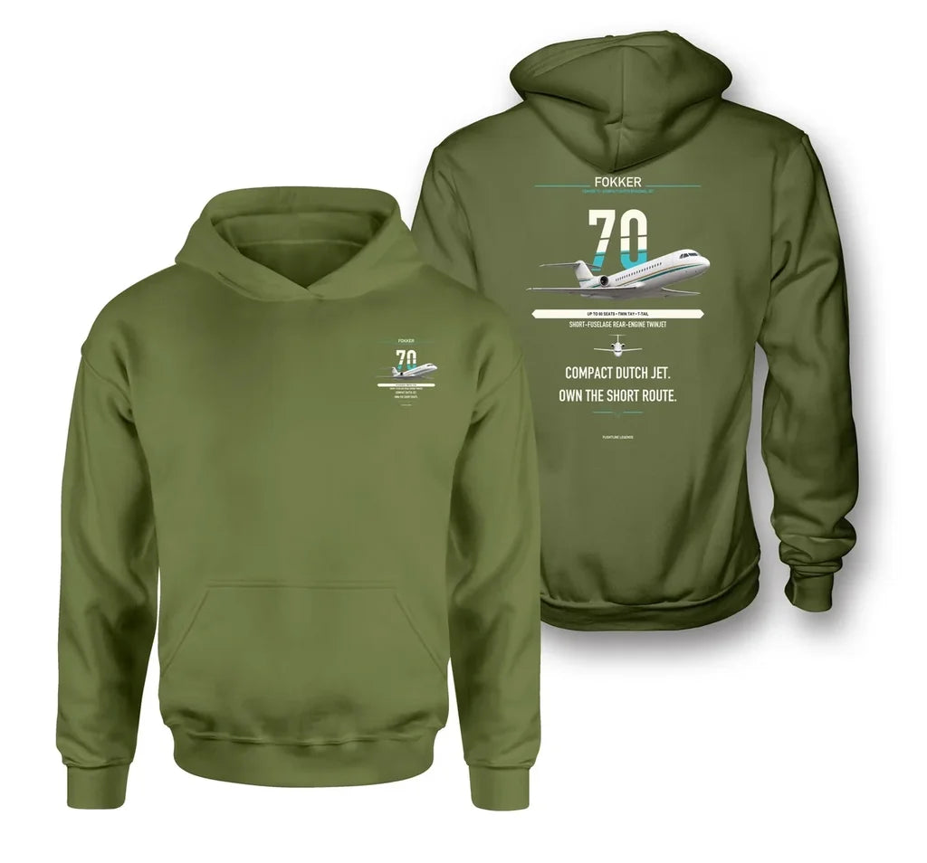 Fokker 70 design on green army double-side hoodie, double-side print