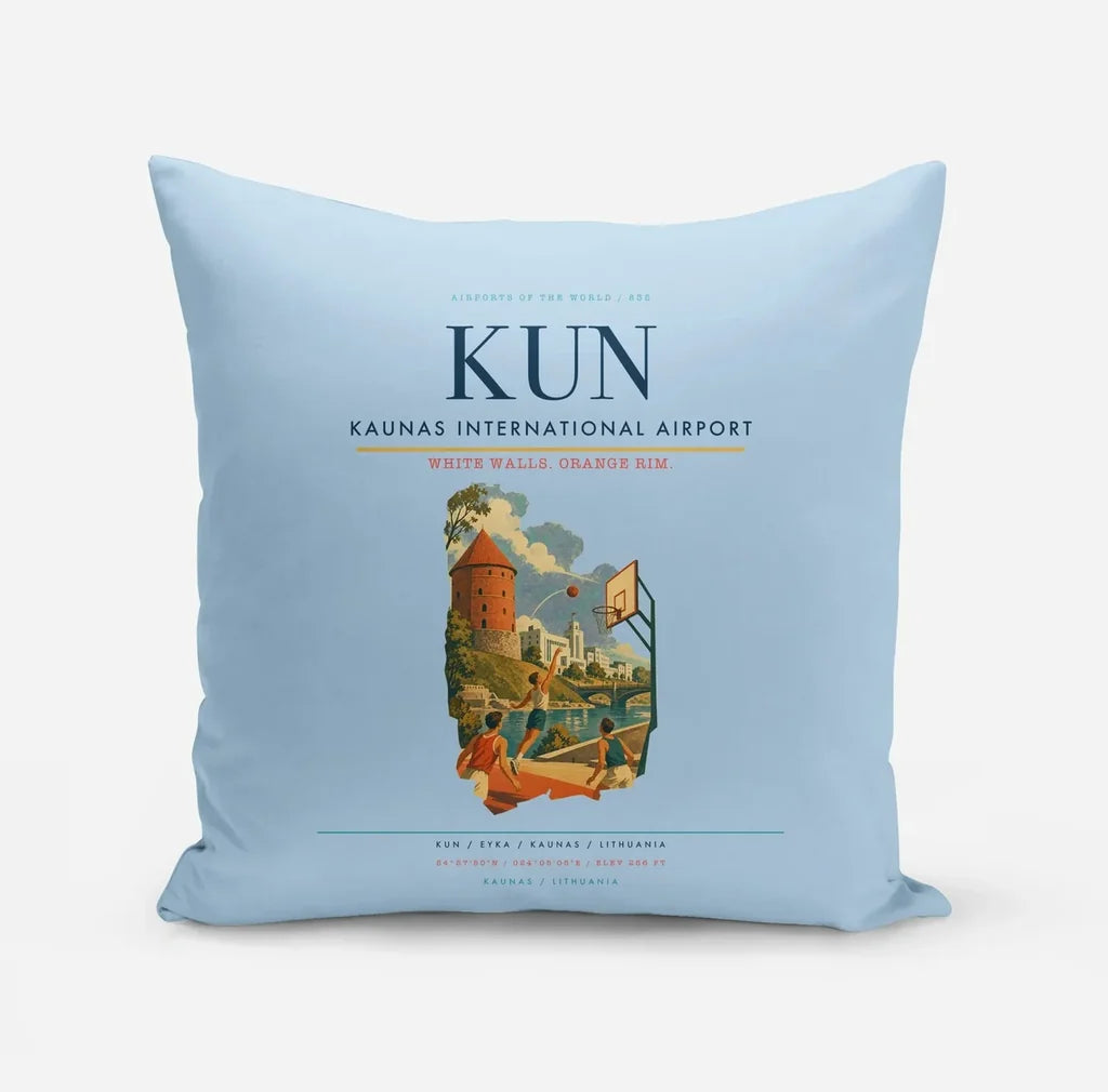 Kaunas International Airport (KUN) design on light blue pillow