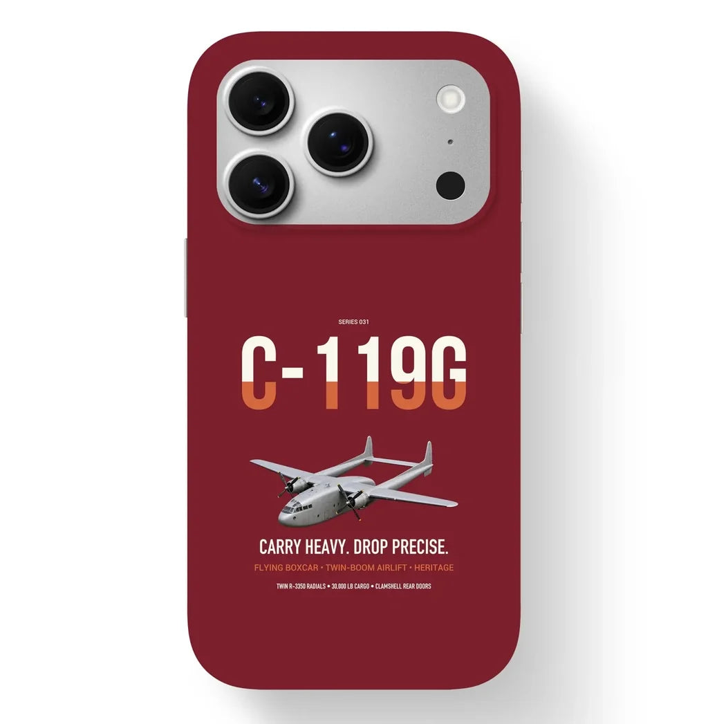 C-119G Flying Boxcar design on dark red magsafe iphone case, for iPhone 17 Pro