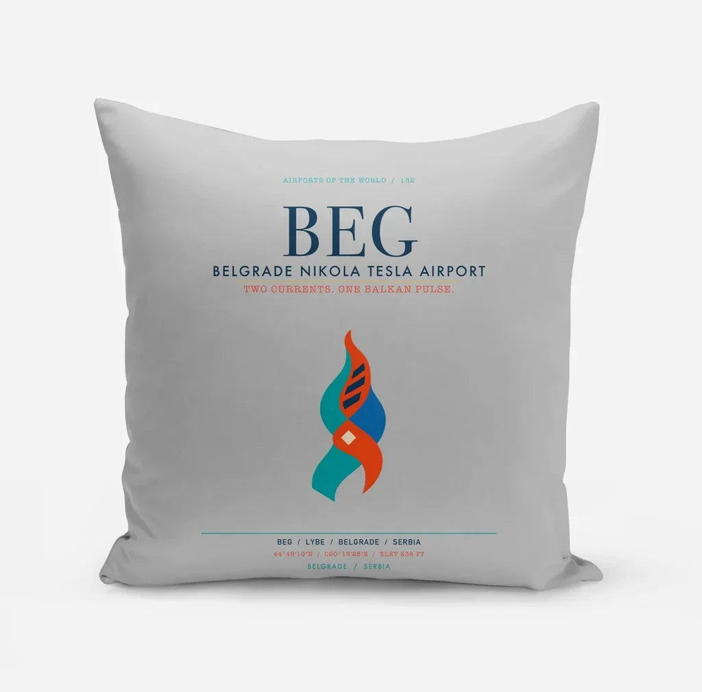 Belgrade Nikola Tesla Airport (BEG) design on light gray pillow
