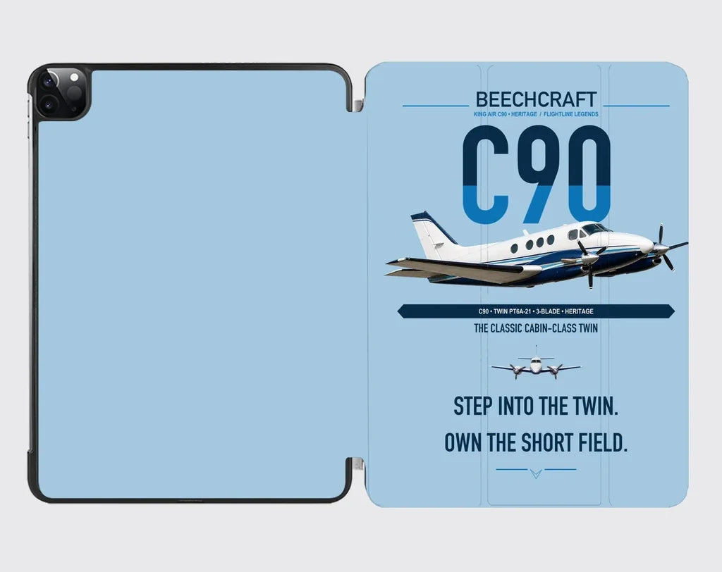 Beechcraft King Air C90 design on light blue ipad tablet case