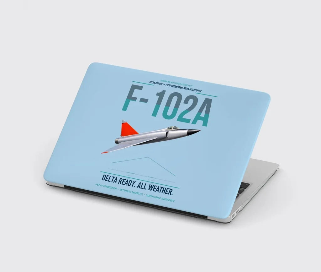 F-102A Delta Dagger design on light blue MacBook case