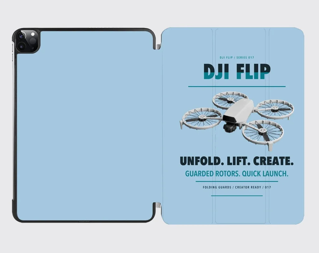 DJI Flip design on light blue ipad tablet case