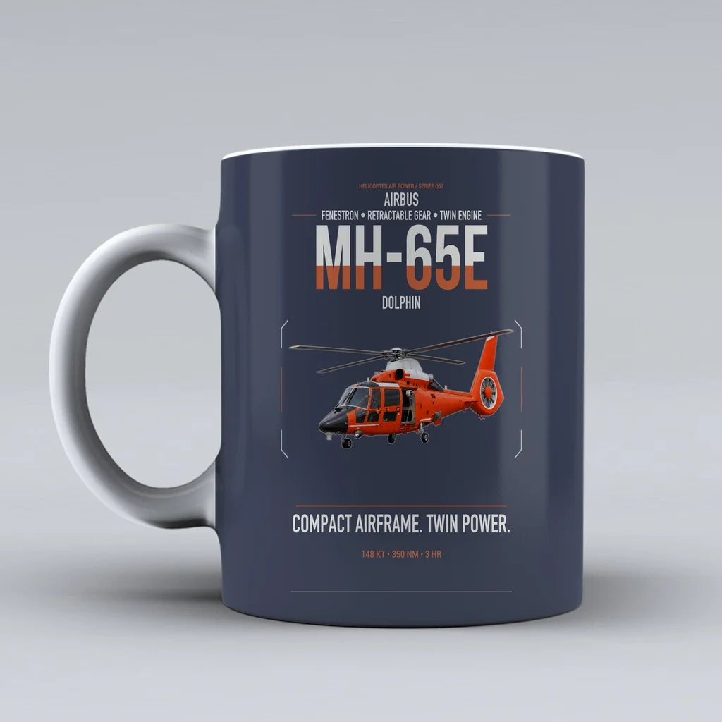 Airbus MH-65E Dolphin design on dark blue ceramic mug, double-side print