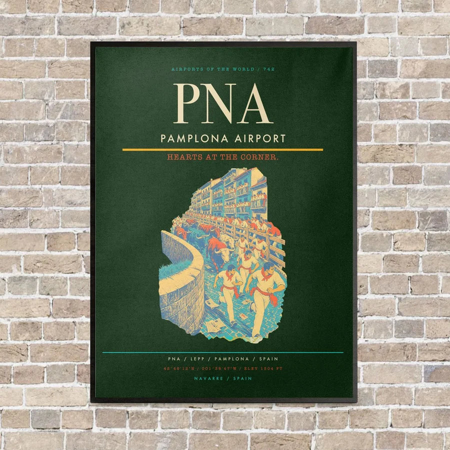 Pamplona Airport PNA vertical canvas print - framed - dark green background