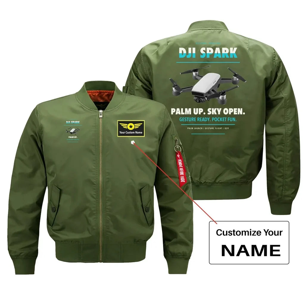 DJI Spark design on green bomber with custom name badge