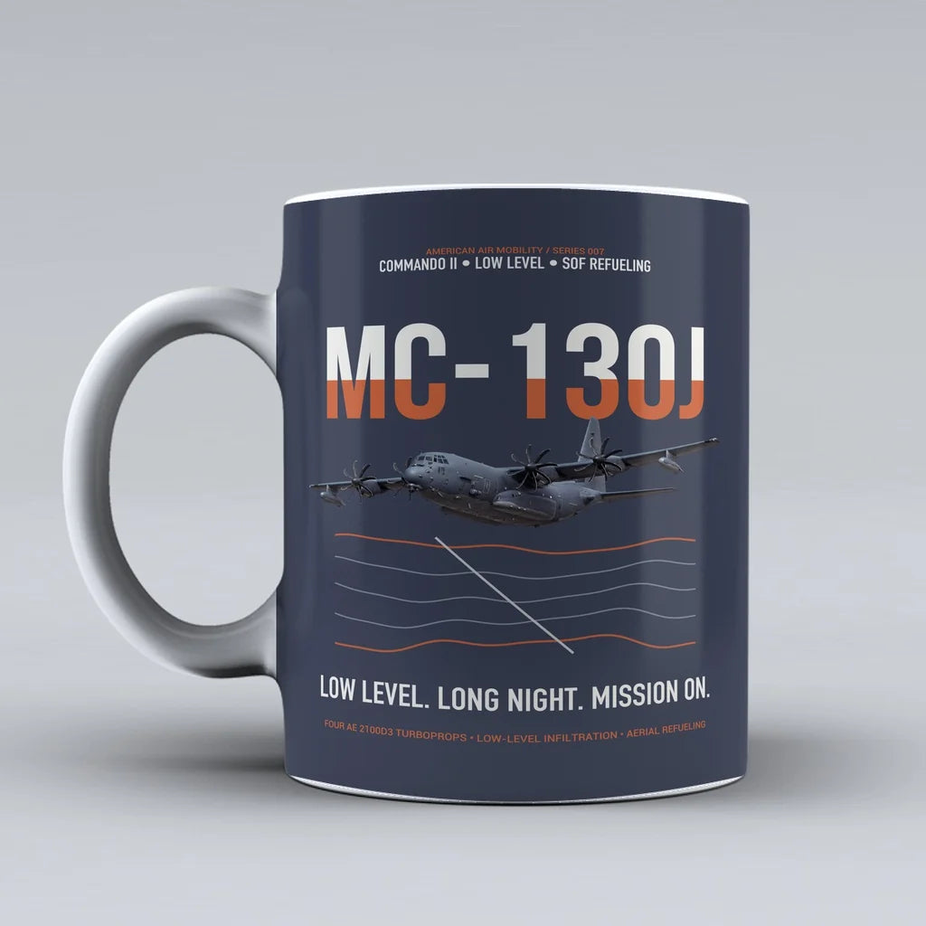 MC-130J COMMANDO II design on dark blue ceramic mug, double-side print