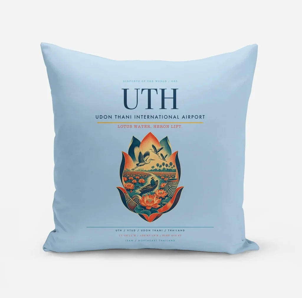 Udon Thani International Airport (UTH) design on light blue pillow