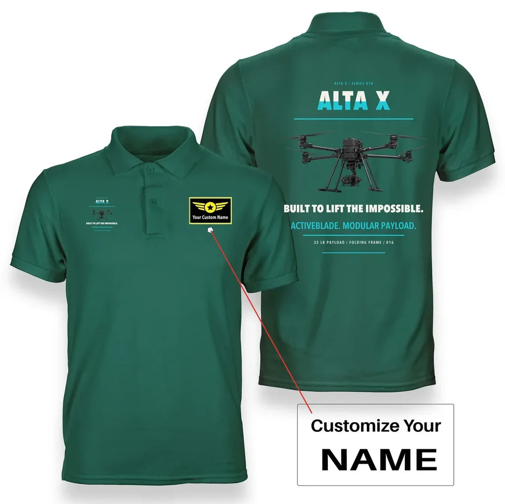 Freefly Alta X design on green polo with custom name badge