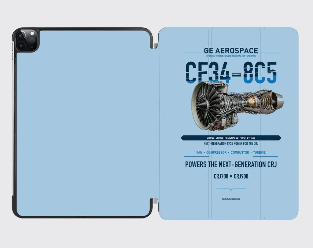 CF34-8C5 design on light blue ipad tablet case