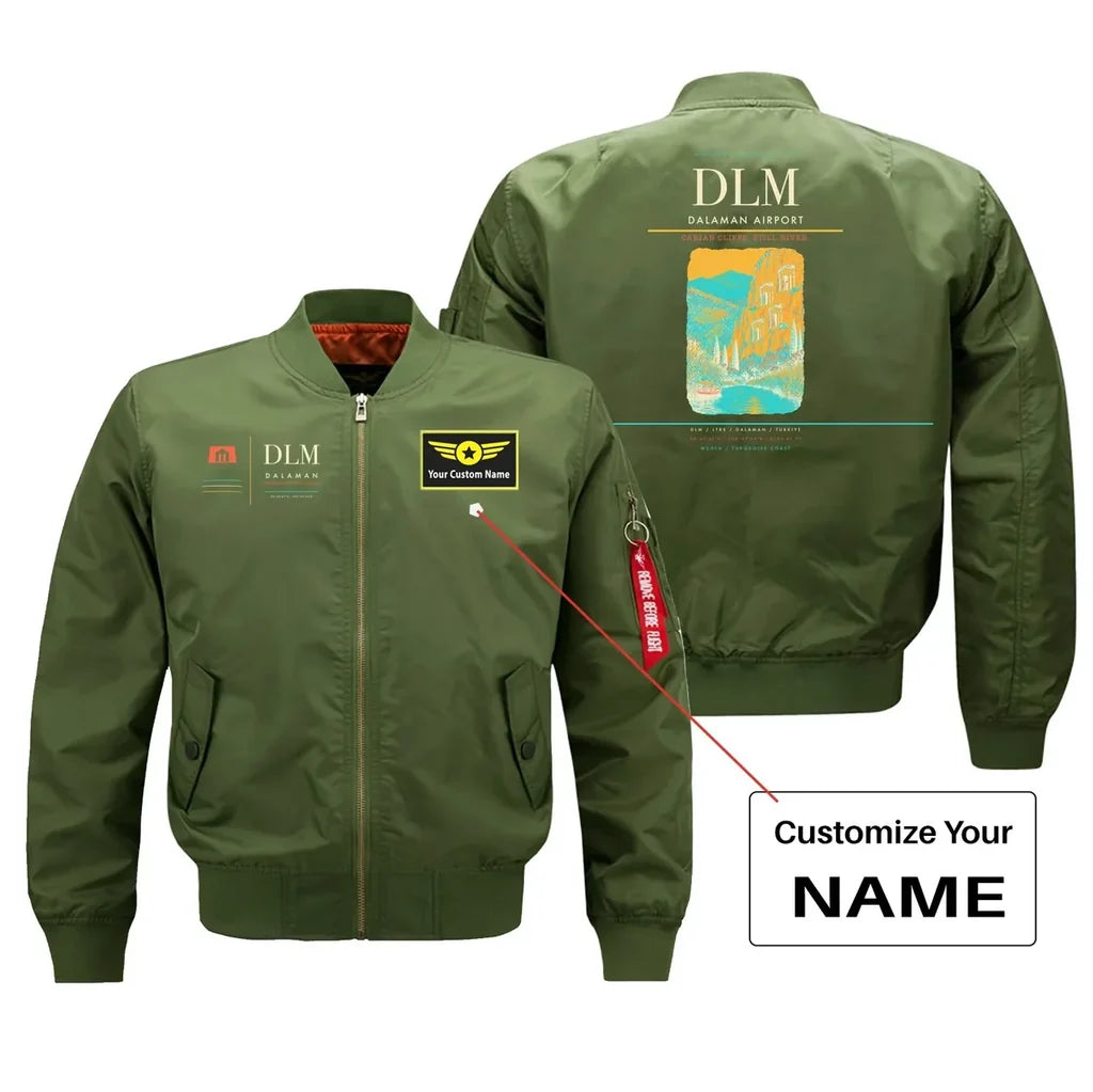 Dalaman Airport (DLM) design on green bomber jacket with custom name patch