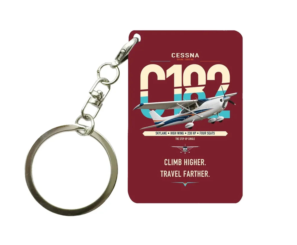 Cessna 182 Skylane design on dark red designed key chain, double-side print