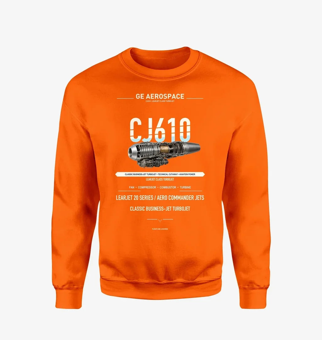 CJ610 design on orange sweatshirt