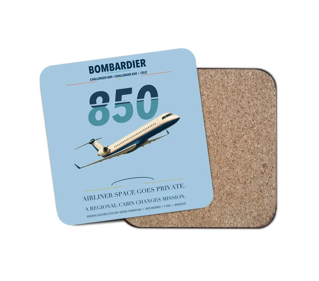 Bombardier Challenger 850 design on light blue 1 piece coaster