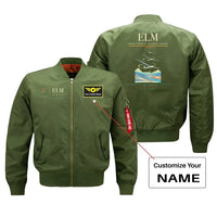 Thumbnail for Elmira Corning Regional Airport (ELM) design on green bomber jacket with custom name patch