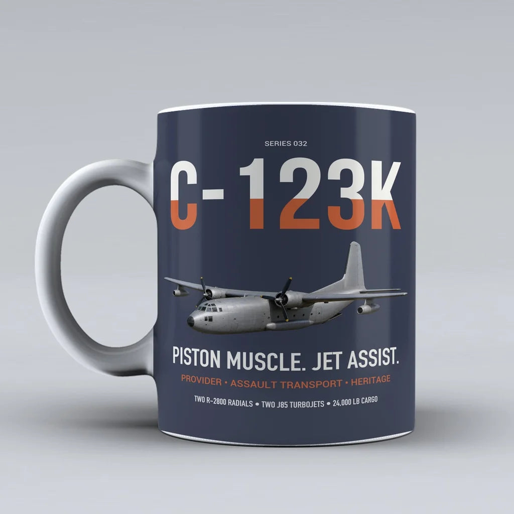 C-123K Provider design on dark blue ceramic mug, double-side print
