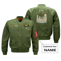 Thumbnail for Dickinson Theodore Roosevelt Regional Airport (DIK) design on green bomber jacket with custom name patch