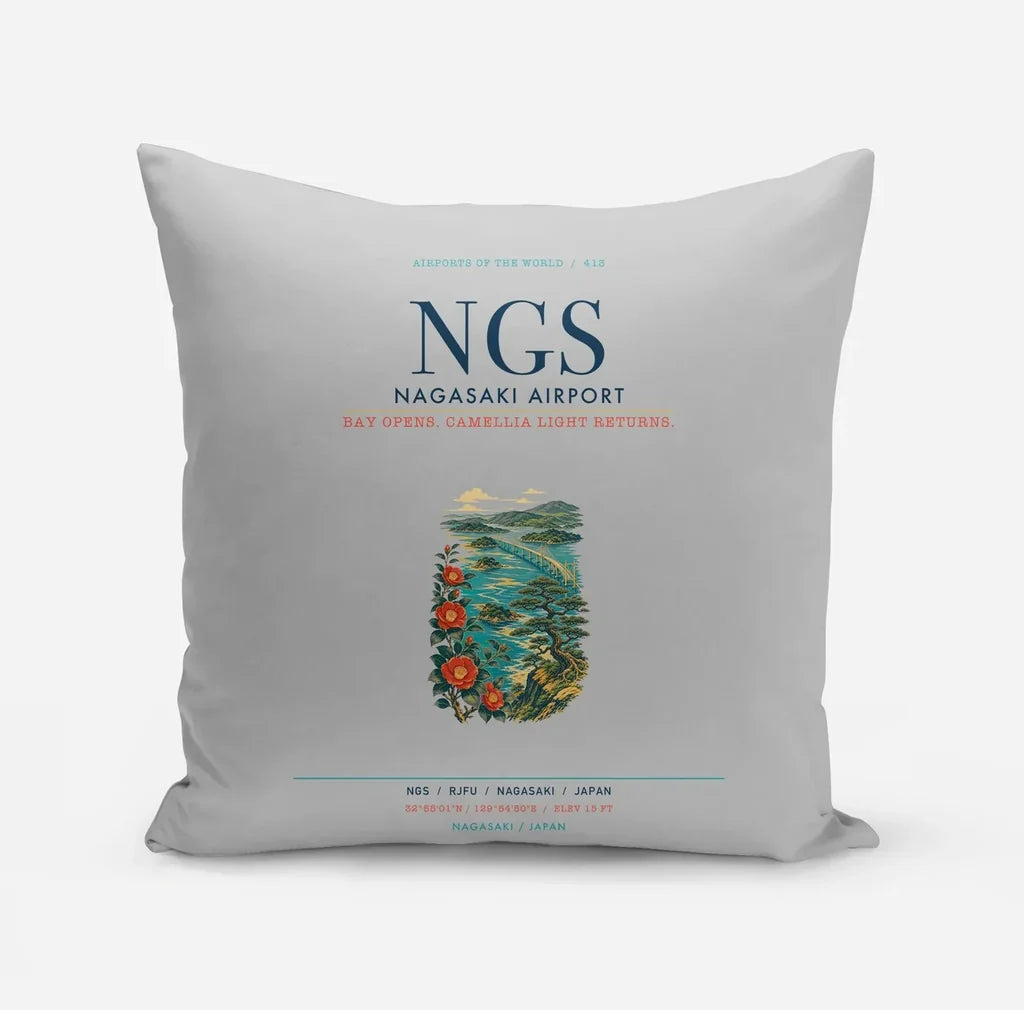 Nagasaki Airport (NGS) design on light gray pillow