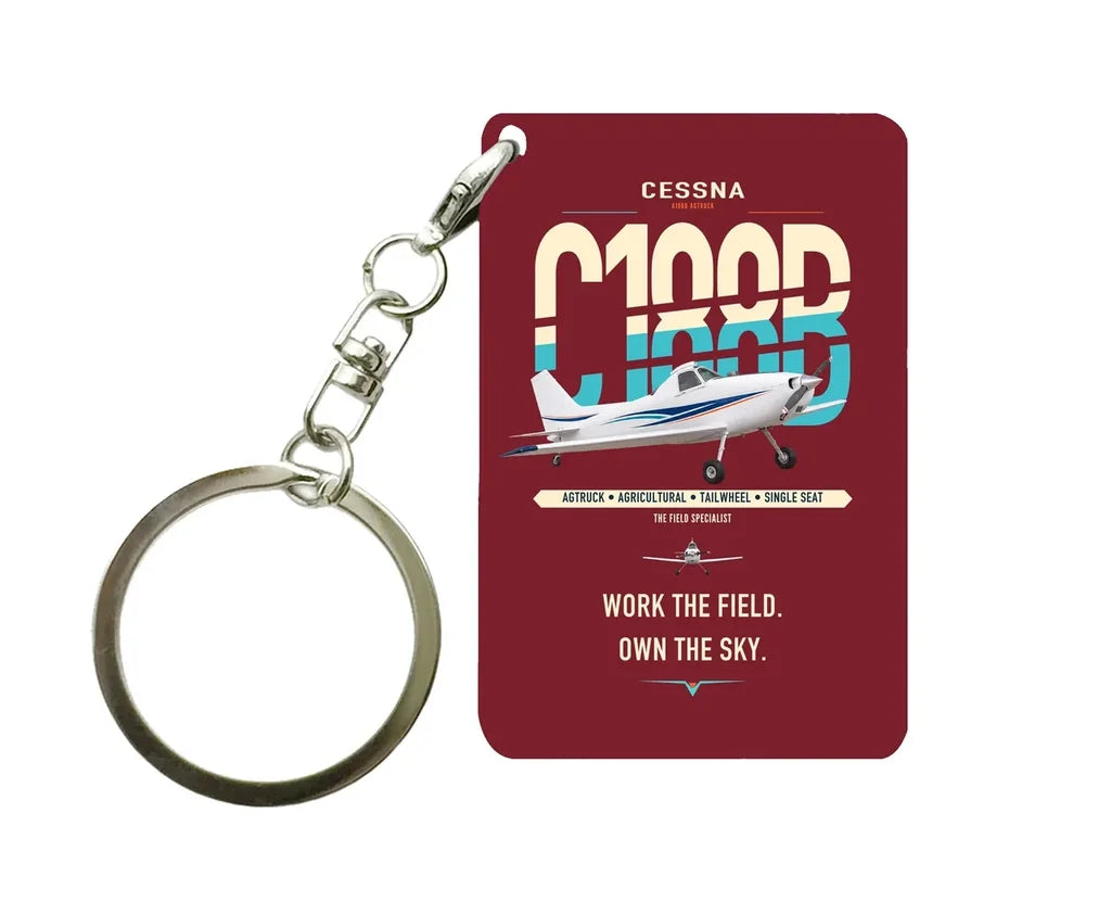 Cessna A188B AgTruck design on dark red designed key chain, double-side print