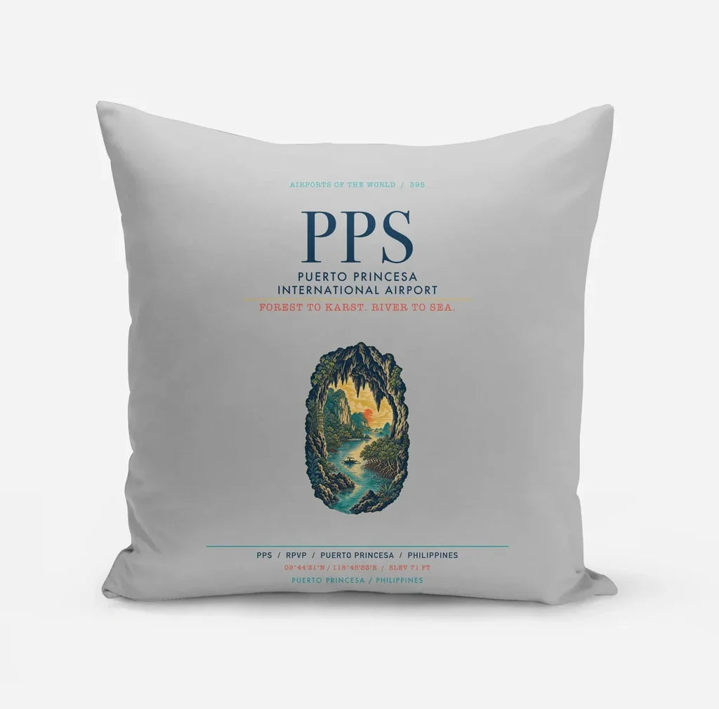 Puerto Princesa International Airport (PPS) design on light gray pillow