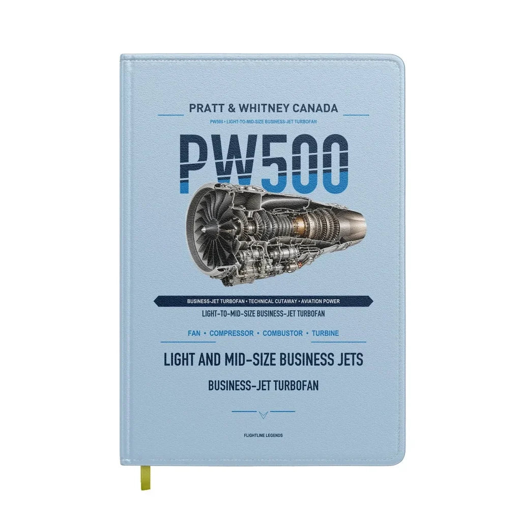 PW500 design on light blue notebook