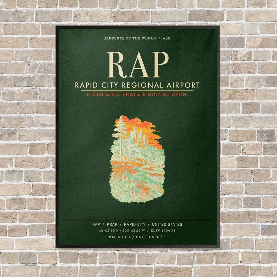 Rapid City Regional Airport RAP vertical canvas print - framed - dark green background